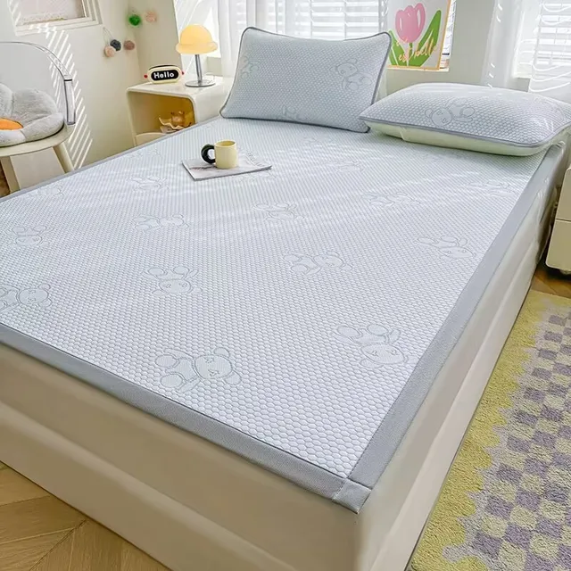 Drap de lit Jacquard en forme d'ours de dessin animé, sensation rafraîchissante, couvre-lit d'été en soie glacée, simple, Queen, King Size, bande élastique, housse ajustée fixe 5