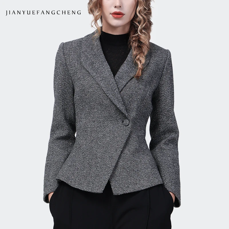 Elegant Suit Collar Women' Grey Woolen Blazer Slimming Short Female Autumn Winter Jackets Fashion Office Ladies Working Coat 2