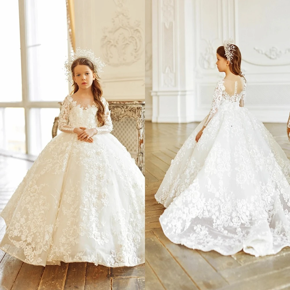 Flower Girl Princess Dresses Children First Communion Gown Bow Puffy Appliques Long Wedding Party Formal Dress flower girl dresses girls dresses