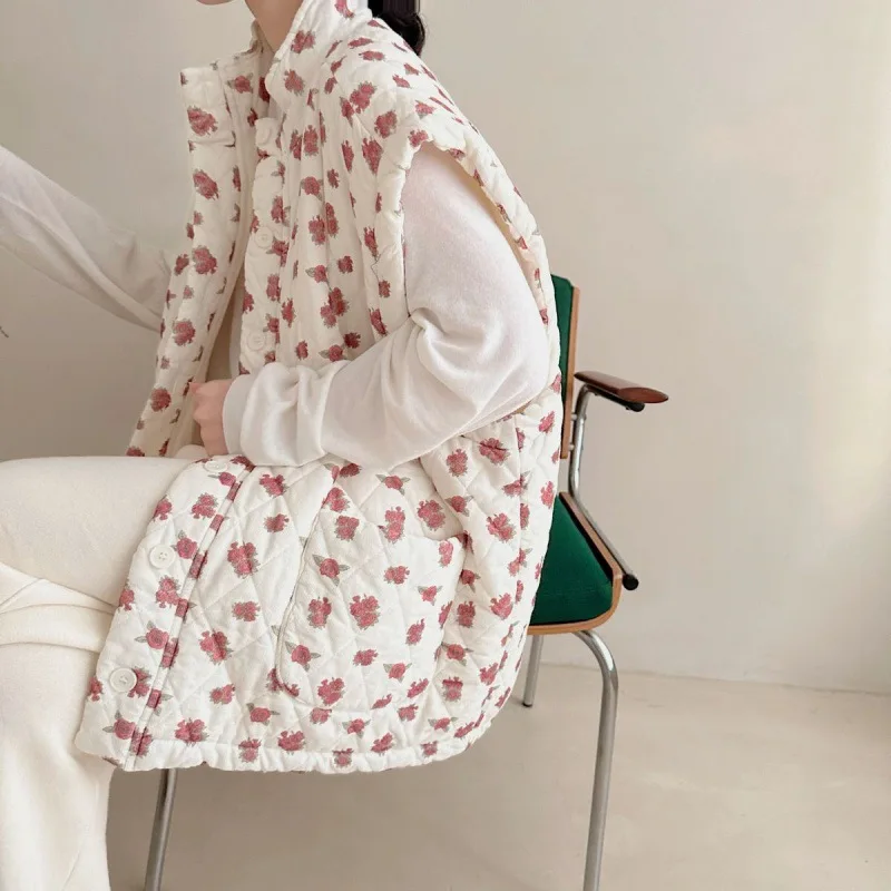 

Vintage Flower Print Sleeveless Cotton Vest for Women, Loose Oversize Quilted Jacket, Thick Warm Casual Coat for Girls, Japanese