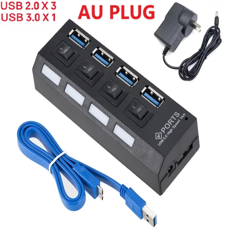 High-Speed USB 3.0 Hub with 4 or 7 Ports and External Power Adapter
