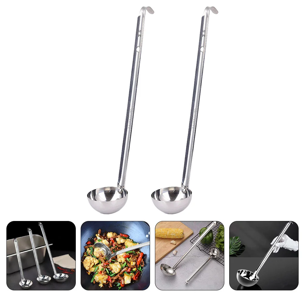 2 Pcs Stainless Steel Soup Spoon Set Long Handle For Kitchen Sauce Portioner Reusable Ladle Metal Water Scoops