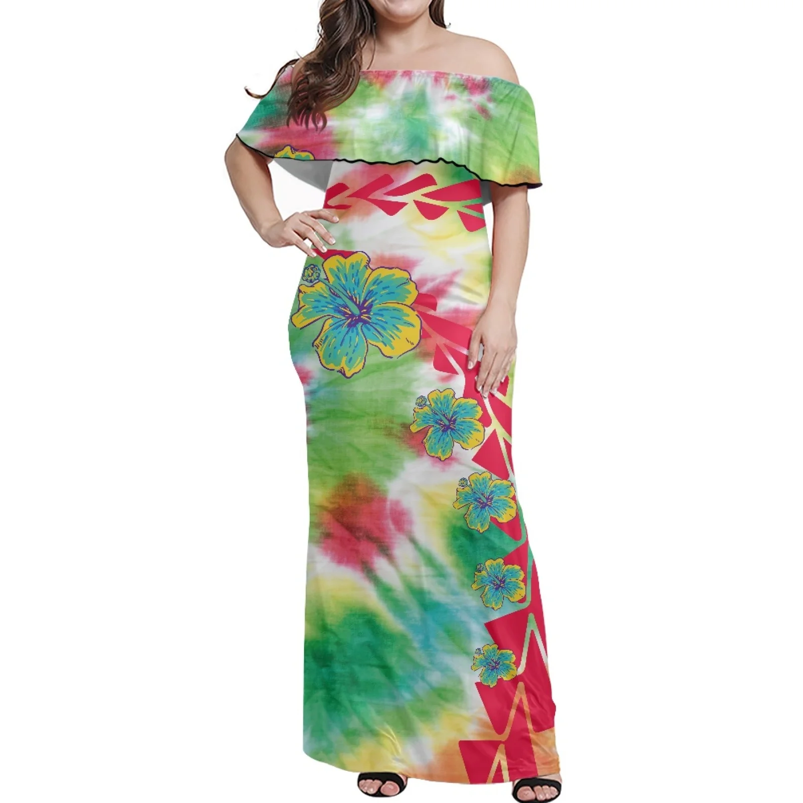 

Polynesian Tribal Samoan Totem Tattoo, Samoa Prints,Slim Lady,Big Size,Colorful Hibiscus Flower Designs For Vacation Women Dress