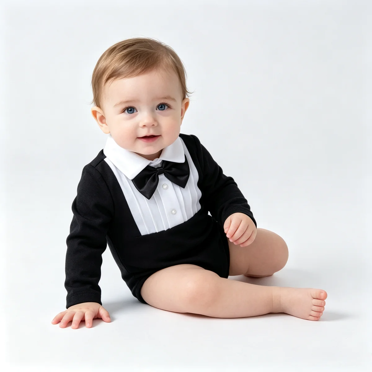 Body Elegante Nero e Bianco per Neonato con Papillon e Maniche Lunghe, Tutina da Gentiluomo per Battesimo, Feste e Servizi Fotografici - immagine 2