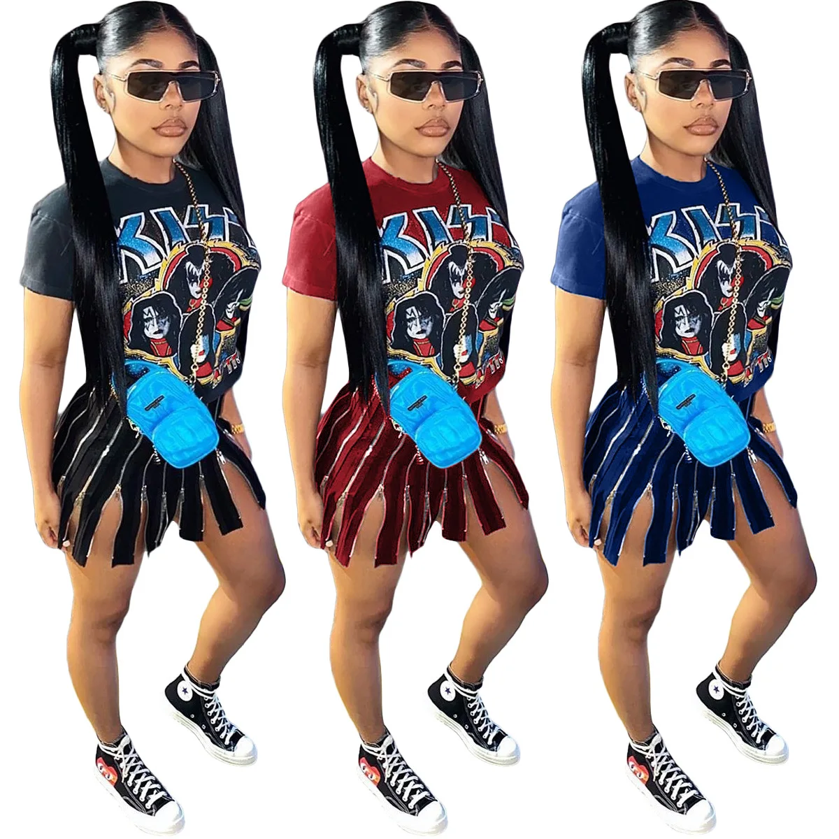 

VOLALO 2023 Womens Fashion Short Sleeve T Shirt Dress Gothic Punk Cartoon Print Zip Slit Casual Mini Dresses Streetwear