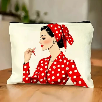 Una borsa per il trucco da ragazza retrò a pois: simpatica custodia multifunzionale con cerniera per donna, borsa per riporre gioielli