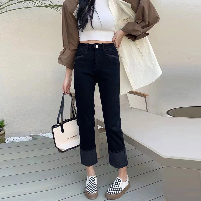 

Smaller splicing flap jeans female spring and fall models black high-waisted Slim stretch straight nine cigarette pipe pants