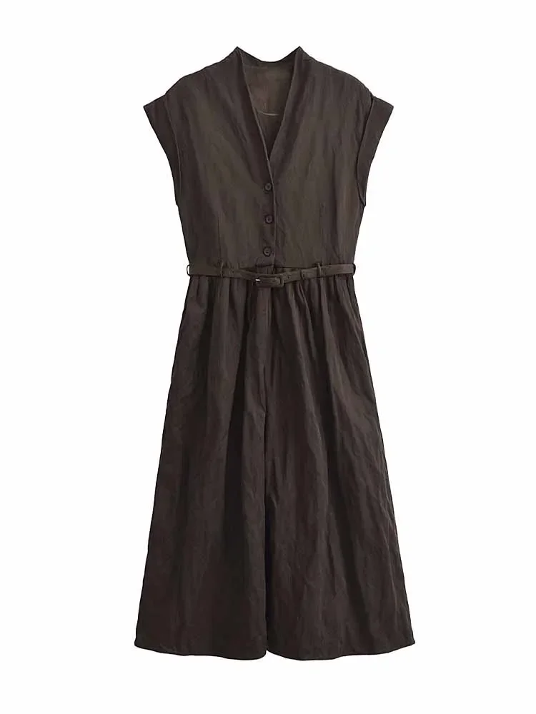 

Women's New Fashion Belt Decoration Casual Single breasted V-neck Midi Dress Retro Short Sleeve Side Pocket Women's Dress Mujer