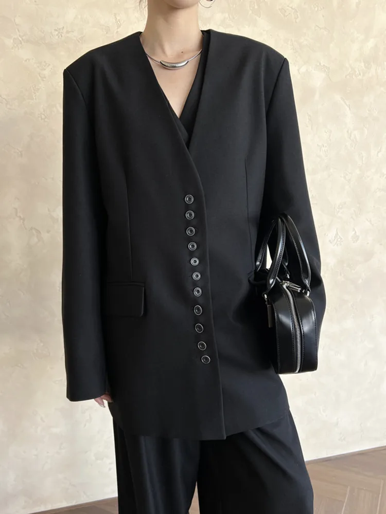 [LANMREM] Minimalism Temperament Blazers For Women V Neck Single Breasted Office Lady Loose Jackets 2024 Autumn New 26D8680