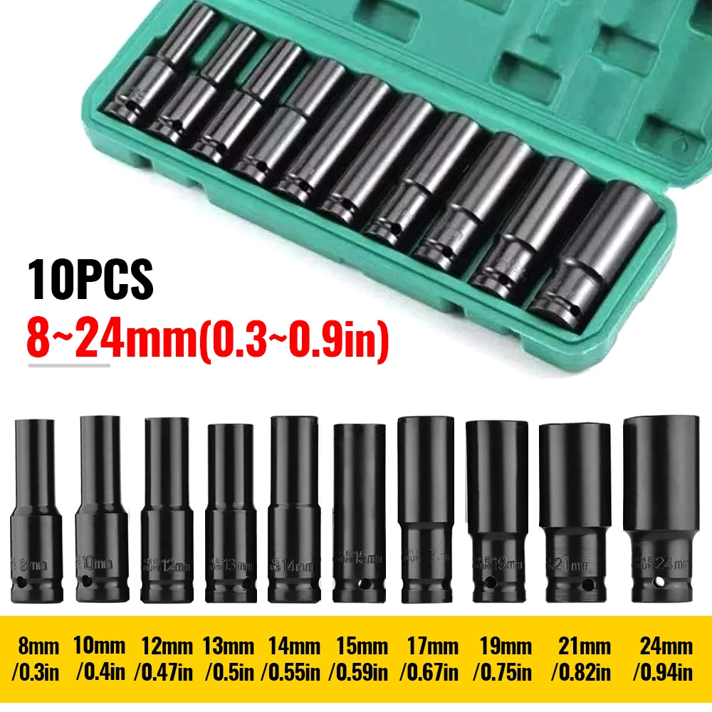 10Pcs Extended Socket Head 1/2inch Drive Deep Impact Socket Set Electric Wrench Hexagonal Socket Automotive Maintenance Tool