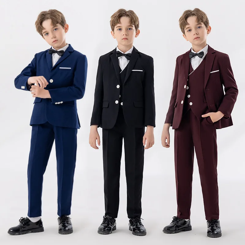 Boys Suit Burgundy Jacket Vest Pants Bowtie Photograph Suit Children Piano Party Dress Gentleman Kids Ceremony Performance Costume