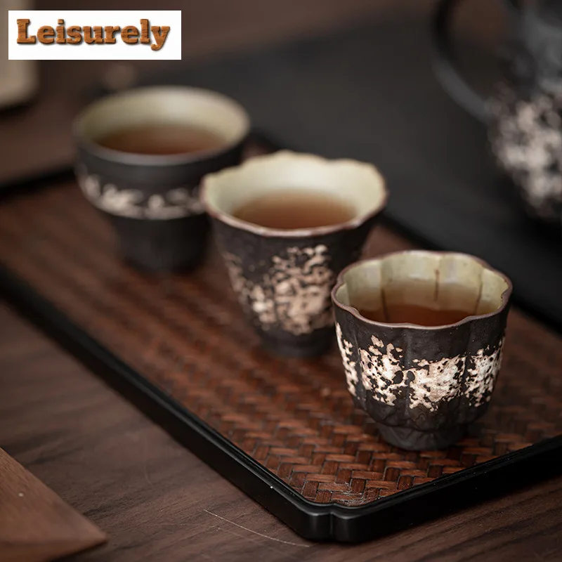 Wabi Sabi Style Black Pottery Mud Teacup Lotus Petal Master Cup Tasting Meditation Cup Personal Tea Bowl Kungfu Teaset Drinkware
