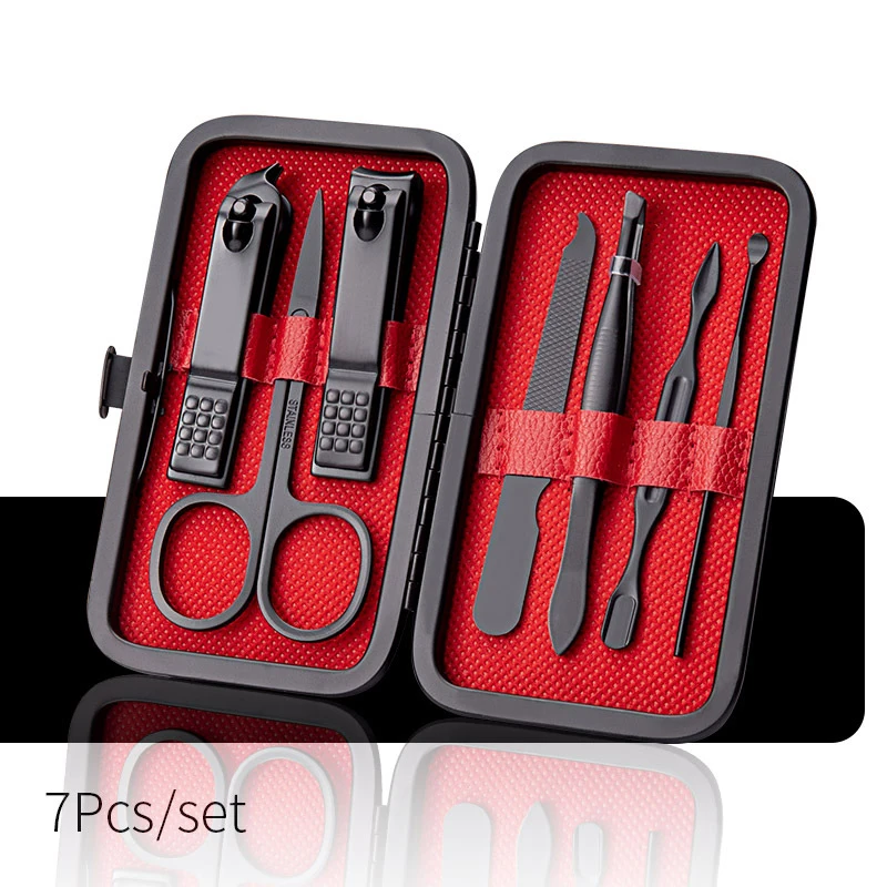 Manicure Pedicure Kit 7/10/12/20/24Pcs Stainless Steel Nail Scissors Grooming Kit Black Leather Travel Case