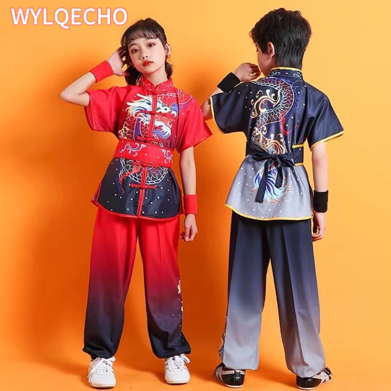 

2023 Chinese Children Tai Chi Wushu Clothing Dragon Print Martial Arts Suit Kung Fu Uniform Wing Chun Shaolin Chinese Kungfu Set