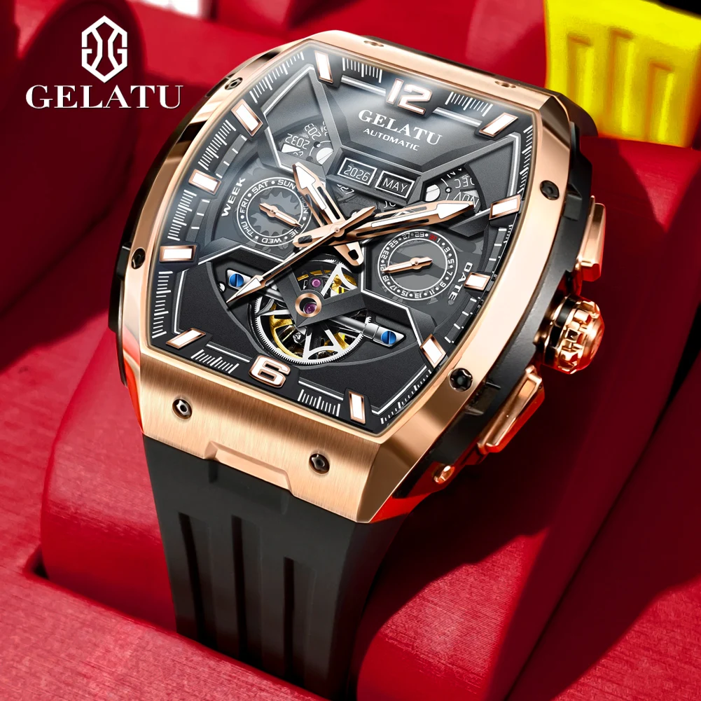 GELATU Automatic Watch For Men Original Skeleton High Quality Waterproof Sport Watches Week Date Display Mechanical Watch 6013
