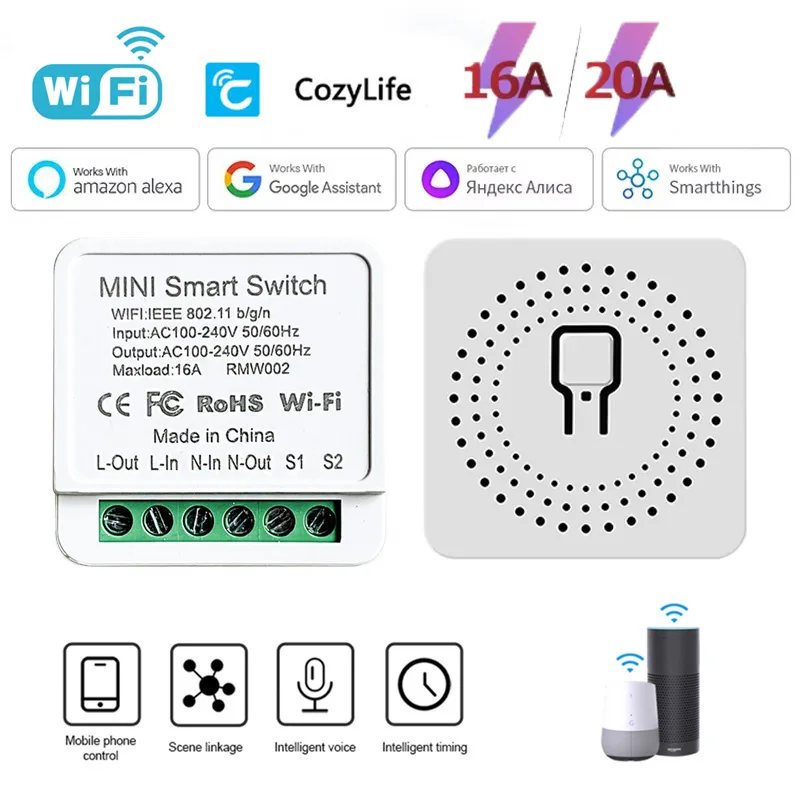 Cozylife 16A/20A WiFi Smart Switch Auto Breaker Relay Module Switch Timer APP Voice Control Works with Alexa Google Home Alice