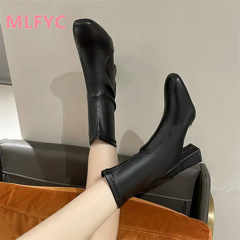 Large thick heeled short boots for women new winter female shoes high heeled boots sleeve for ladies square toe boots
