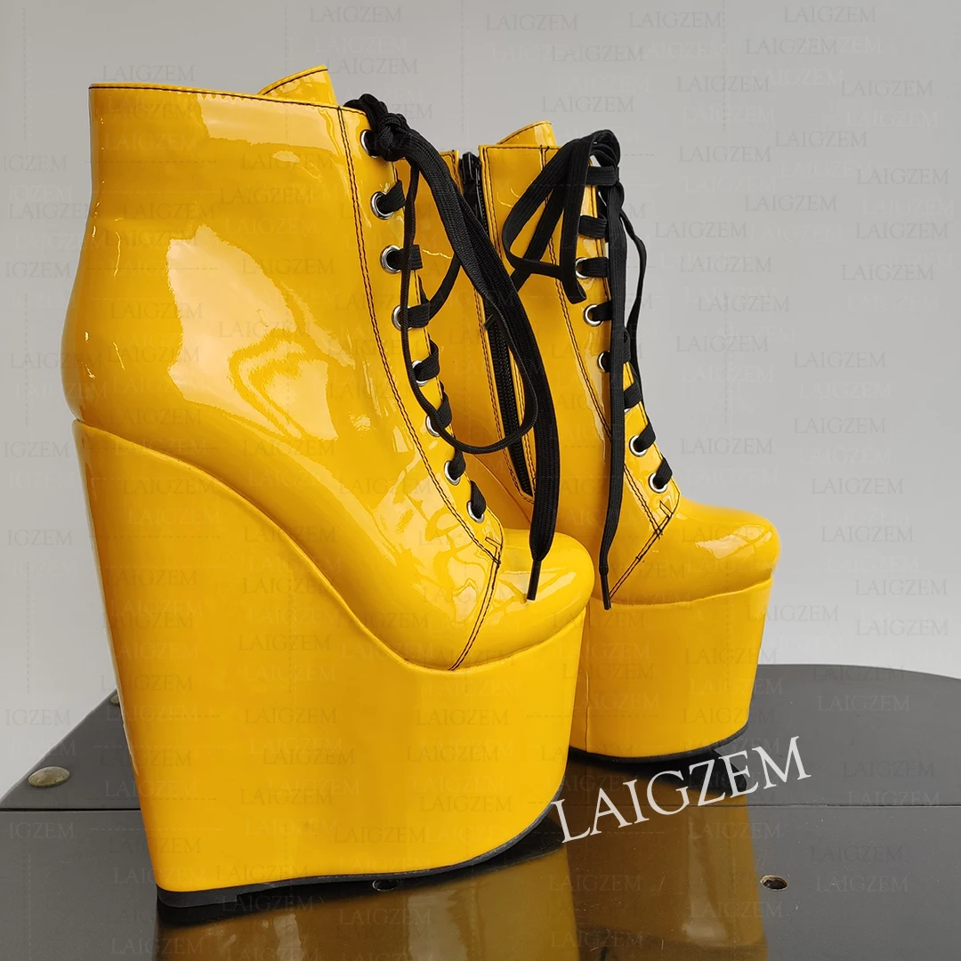 Women Ankle Boots Platform 18CM High Heels Side Zip Shiny Short