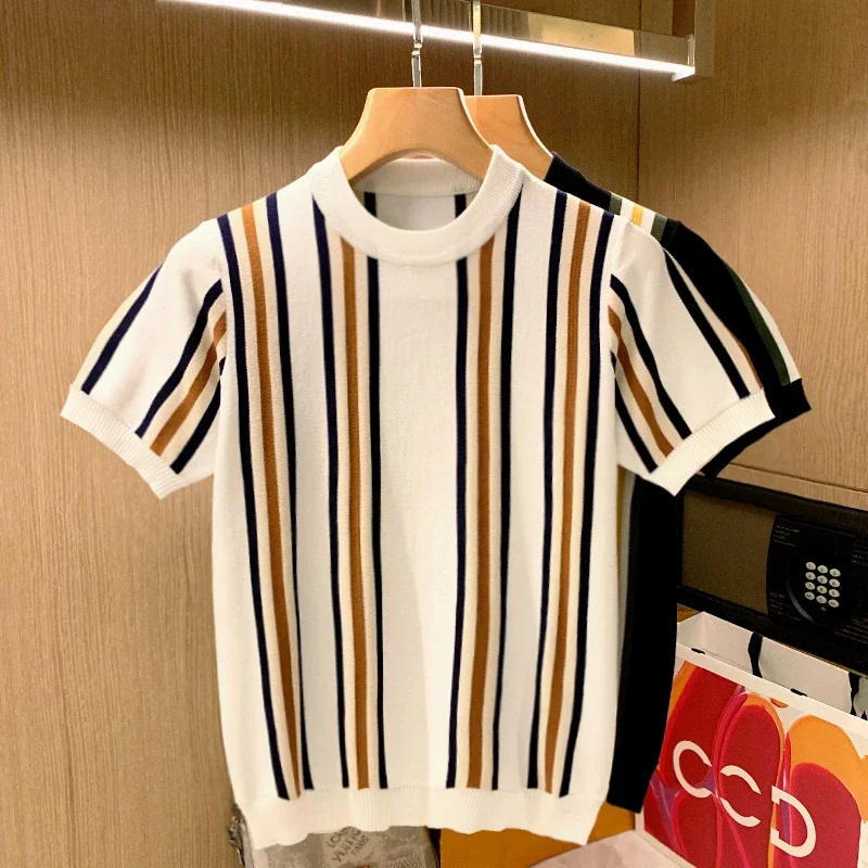 

Summer New Fashion Business Design T Shirt All Match Tight Contrast Color Short Sleeve Top Man Casual Stripe Knit T Shirts W28