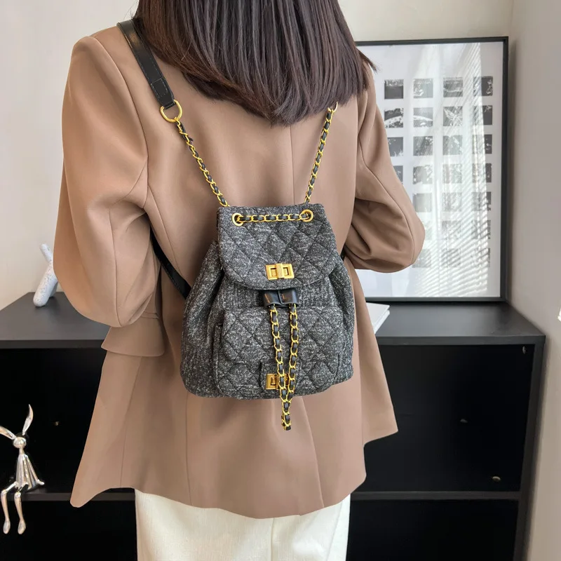 

denim backpack chain straps 2023 new rhombus tassel backpack Student Double-layer female Fashion Mini Backpack School HandBag