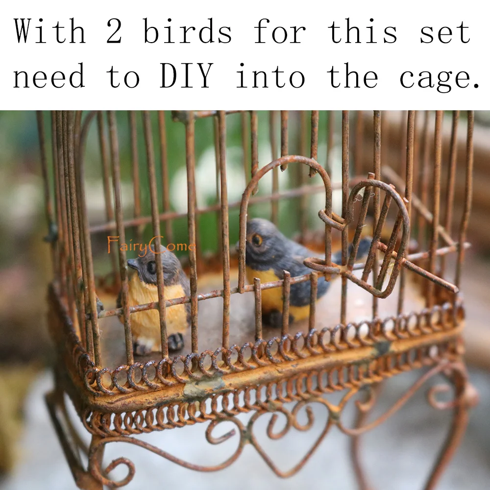 Vintage-Style Rusty Birdcage Ornament with Birds