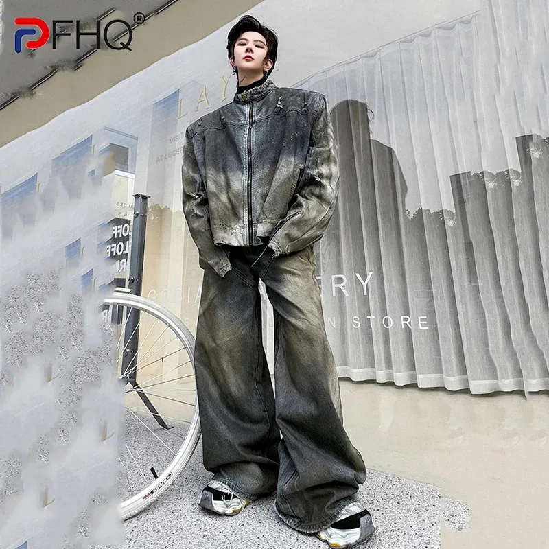 

PFHQ Worn Out Male Denim Suit High Street Stand Collar Gradient Color Men's Jackets Men Wide Leg Jeans Spring New Trendy 9C4487