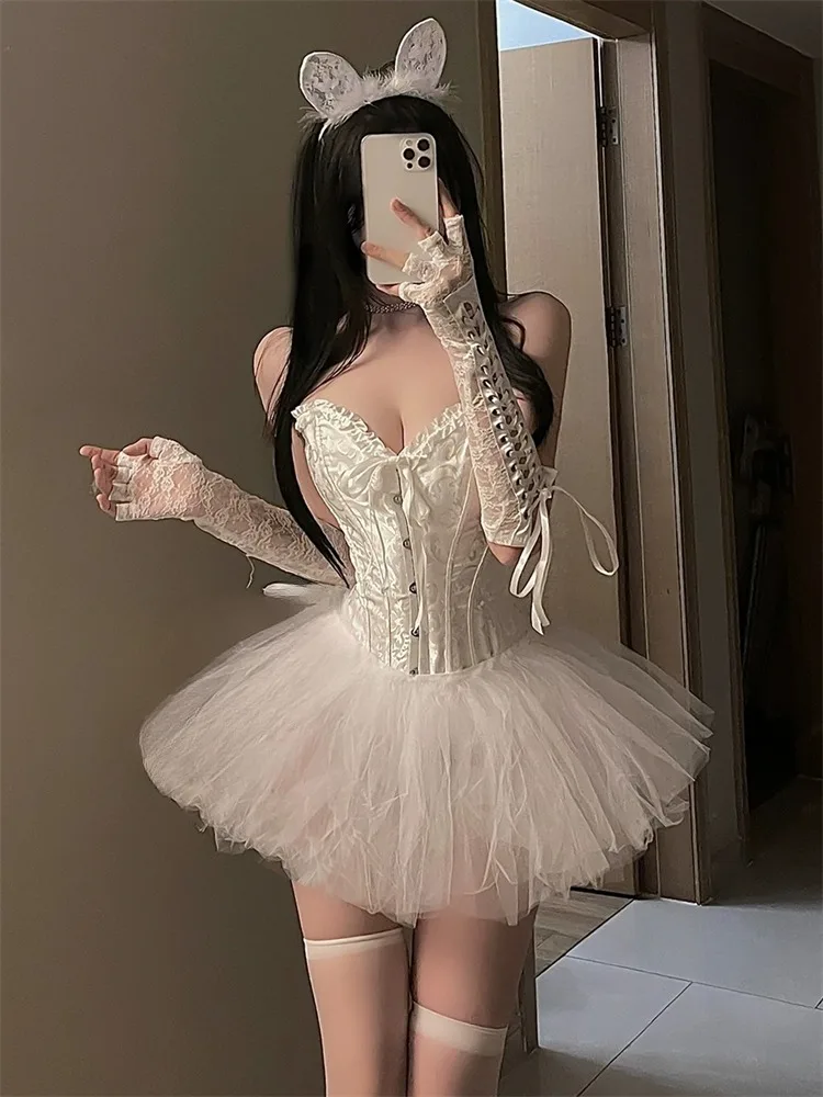 Cute Bunny Girl Cosplay Rabbit Costumes Women New Year Open Bra Crotch Sexy Women Lingerie Women Lingerie Set Women Cosplay Costume Erotic Bandage Bodysuit Plus Uniform