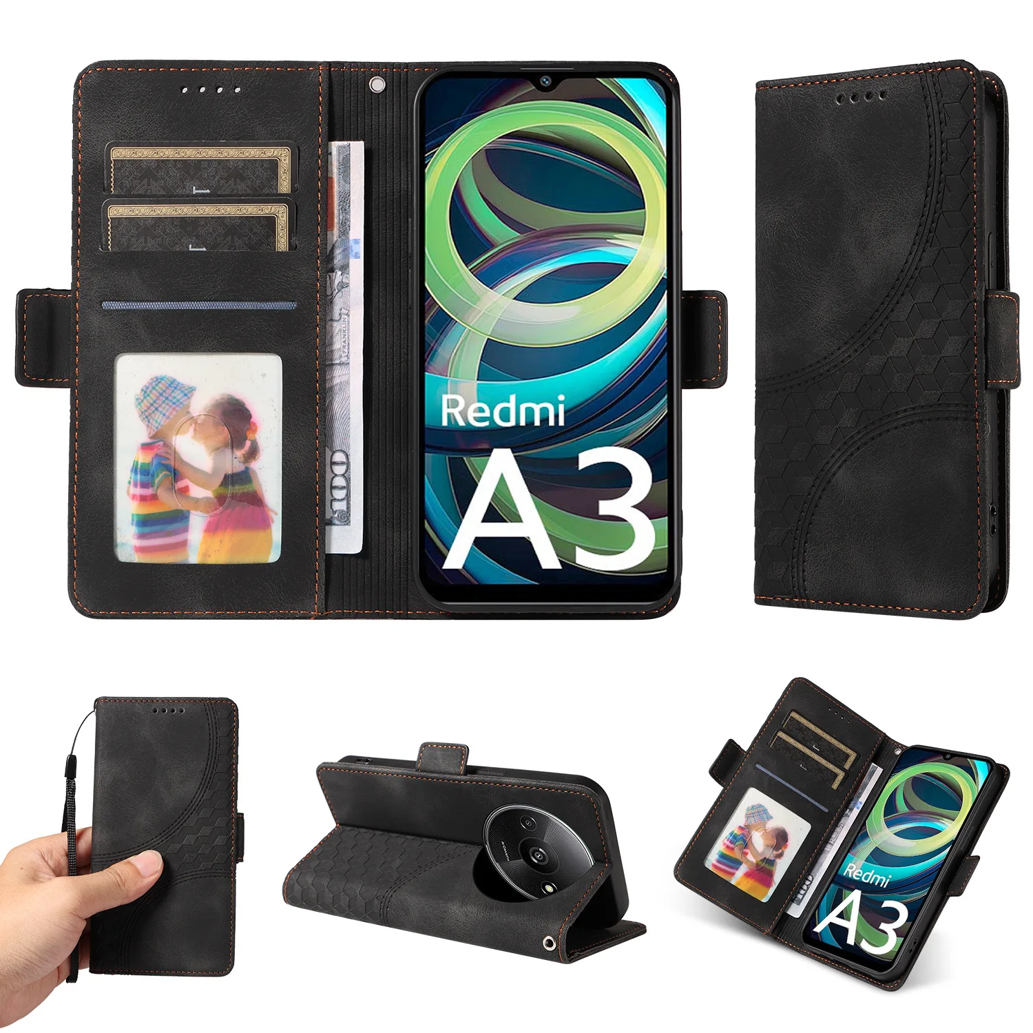 Magnetic Leather Flip Case with Card Slots and Wrist Strap