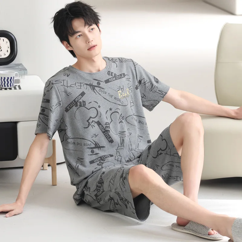2피스 세트 남성용 여름 홈웨어, 통기성 좋은 면 소재 나이트웨어, 젊은 남성용 잠옷, 파자마, 남성용 면 파자마
