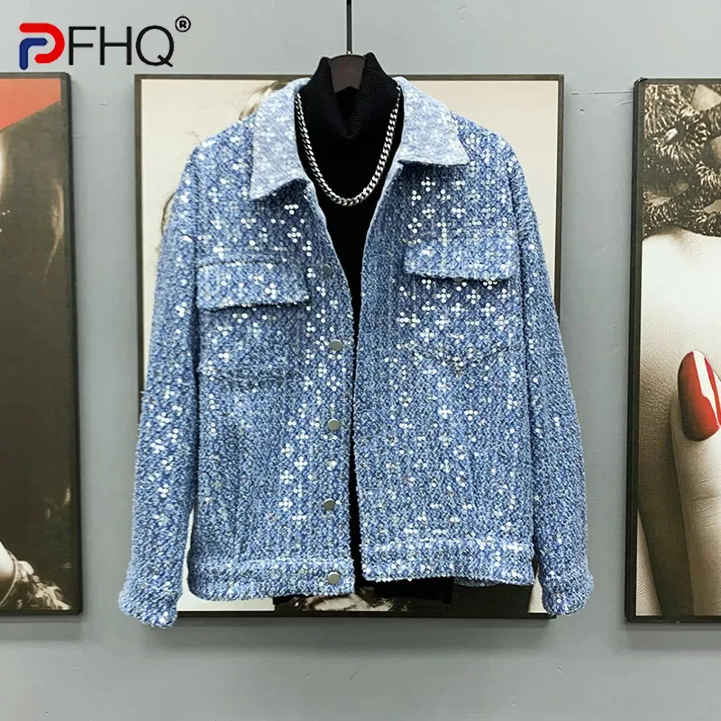 

PFHQ Men's Personalized Design Denim Jackets Heavy Industry Shiny Fashion Loose Button Handsome High Quality Coat Autumn 21Z1149