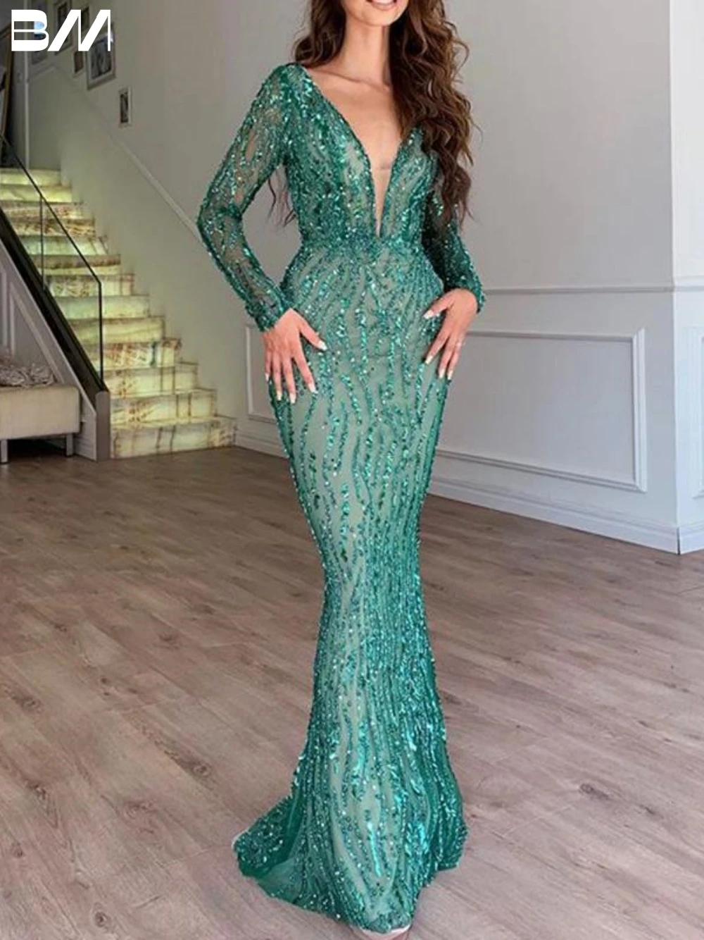 

Illusion Deep V-neck Evening Dresses Elegant Sequins Mermaid Bridal Gown Modern Floor-length Bride Dresses Vestidos De Novia