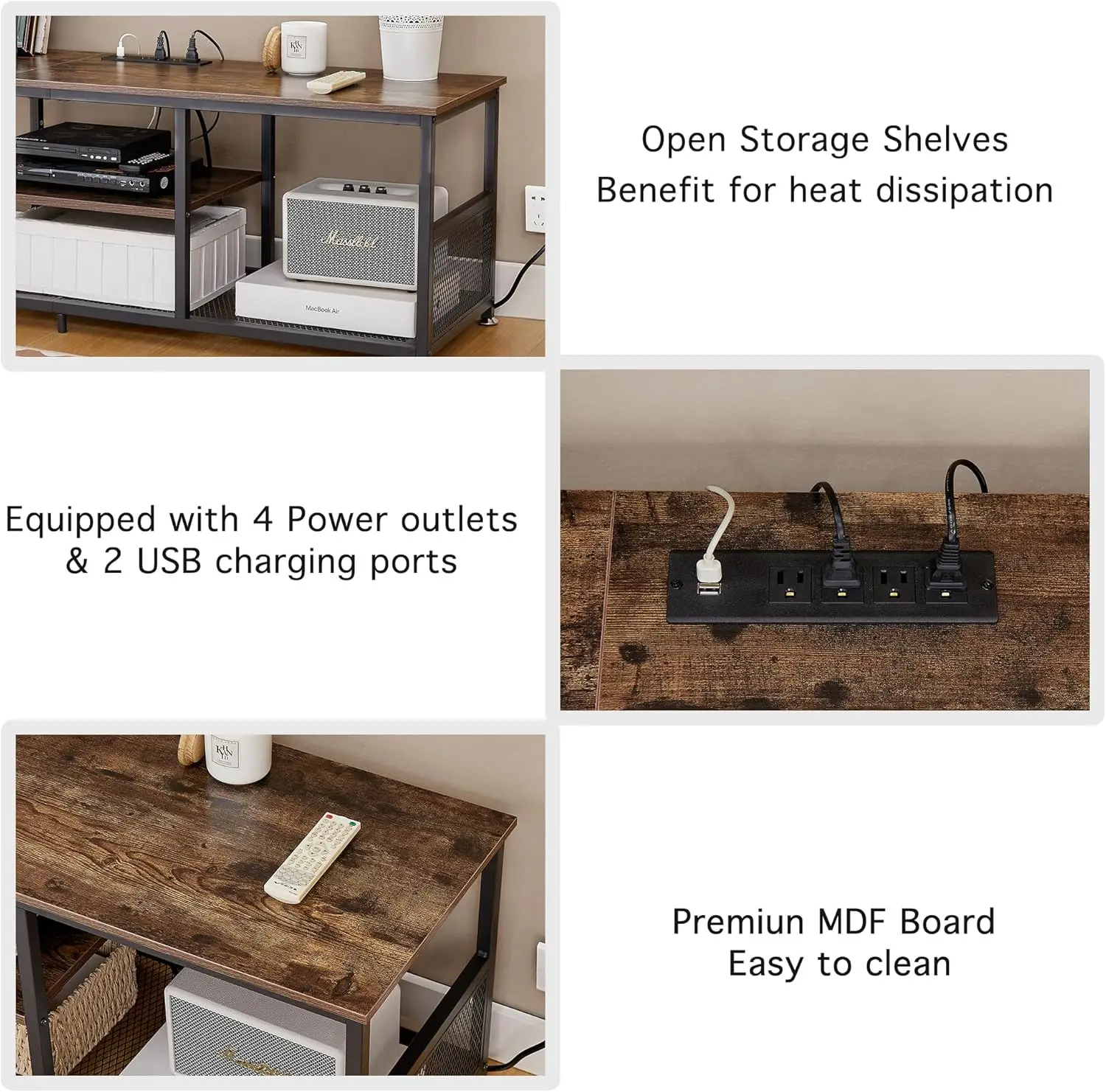 55" TV Stand with Power Outlets & Charging Station, Media Console for TVs up to 65", 3-Tier Shelves, Brown Metal Frame