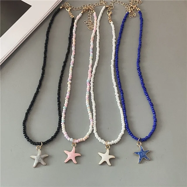 4 Colors Fashion Starfish Choker Necklace for Men Women White Black Blue Colorful Rice Beads Gift for Friend  Short Collar 1