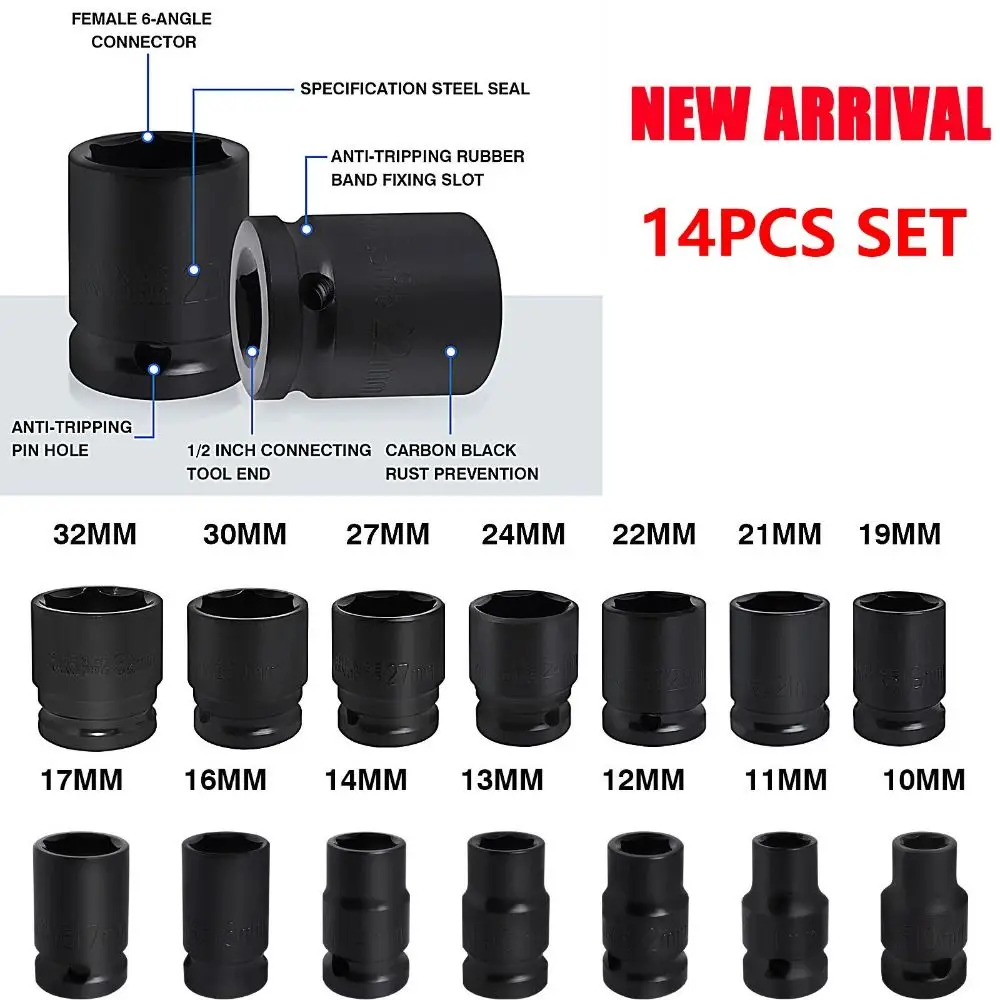 

14PCS 6PT Hex Shallow Impact Sockets Shallow 10mm-32mm IMPACT Socket Set Chrome-vanadium Steel 1/2"Inch Wrench Socket Set