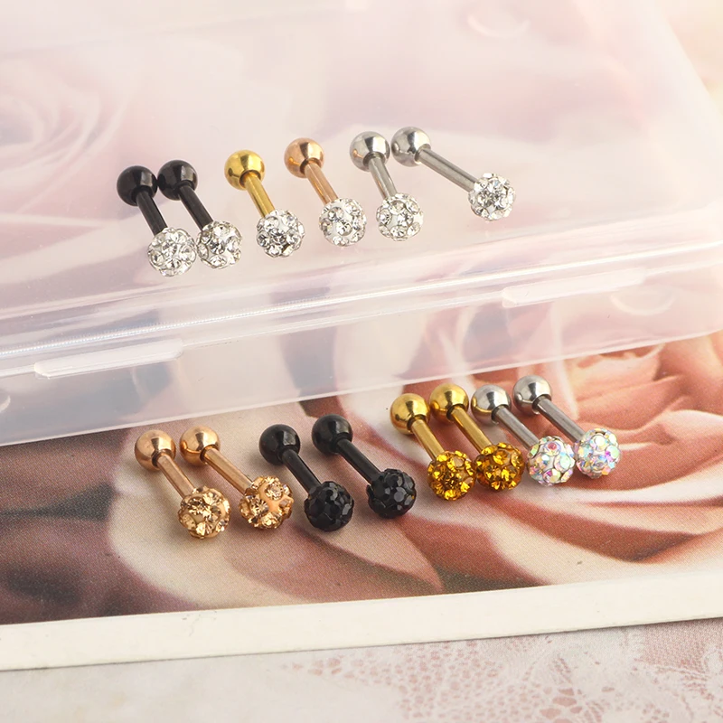 Crystal Ball Stainless Steel Ear Stud Earrings for Men Women CZ Cartilage Helix Ear Tragus Piercing Small barbell wholesales col