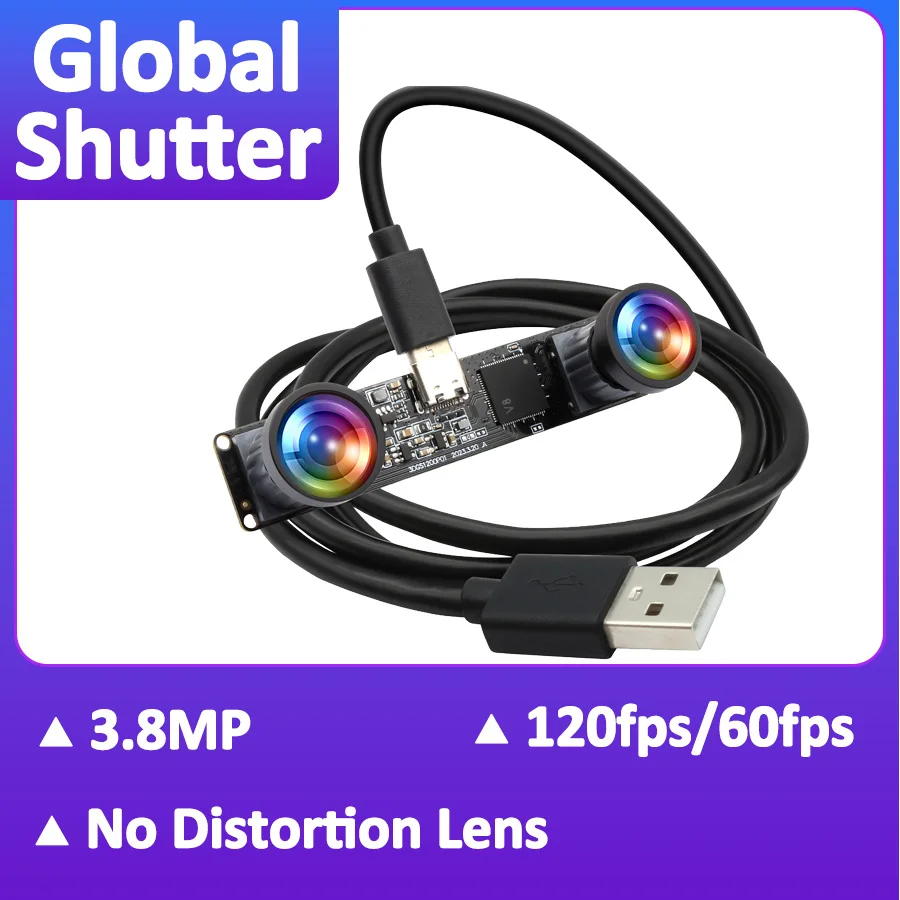 Global Shutter 3D Stereo Camera 3.8MP High Speed Webcam 120fps 60fps 3200x1200P Wide Angle No Distortion Synchronous USB Camera