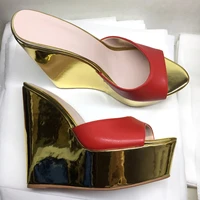 Women’s Metallic Mirror Gold Wedge Mule Sandals – Peep Toe Platform High Heels, Slip-On Summer Footwear - Image 3