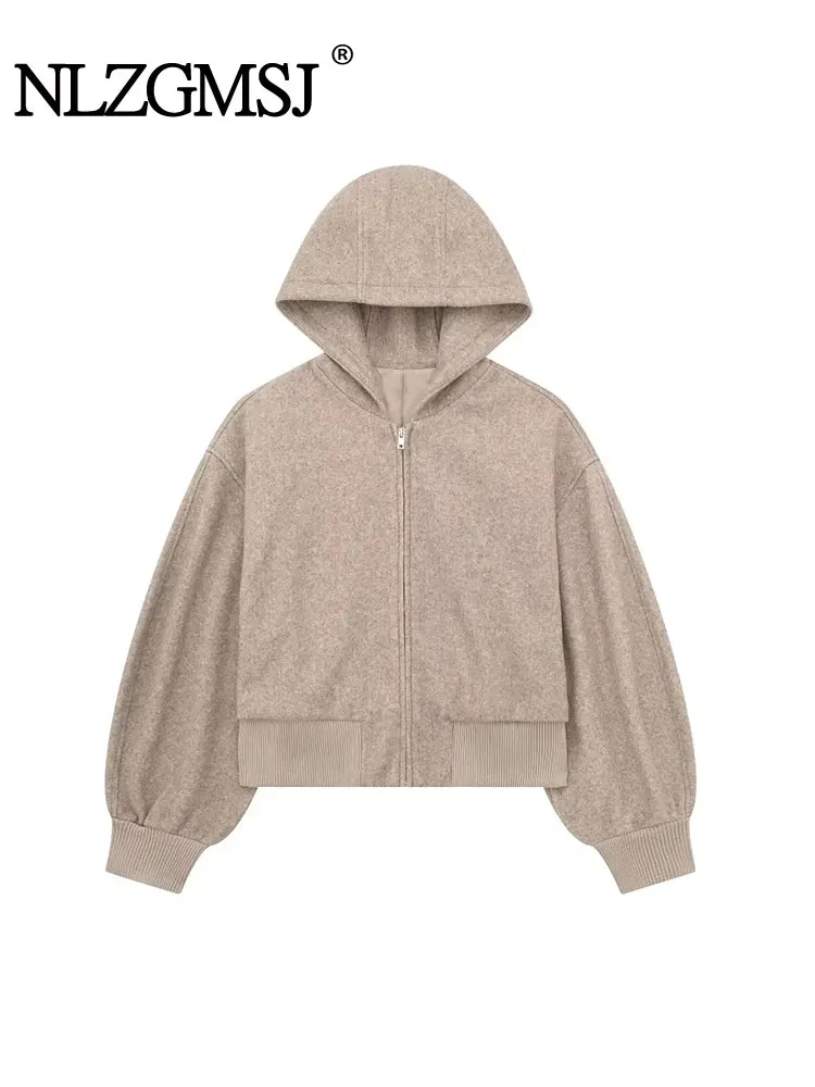 

Nlzgmsj TRAF 2024 Woman Hooded Soft Short Pilot Jacket Coats Zipper Vintage Long Sleeve Autumn Winter Causal Loose Tops
