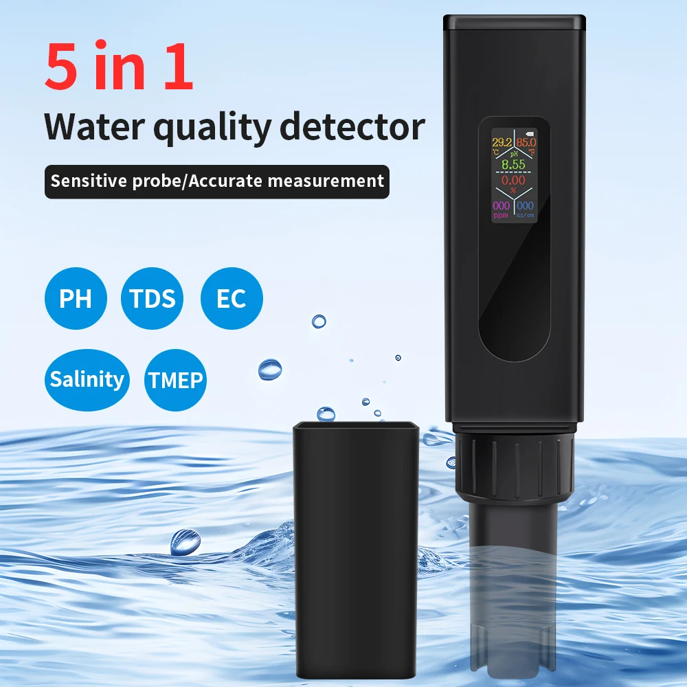 

5 in 1 TDS/EC/PH/Salinity/Temperature Meter Digital Water Quality Monitor Tester for Pools Drinking Water Aquariums