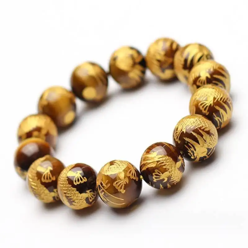 

14mm Natural Tiger Eye Stone Carved Dragon Hand Bracelet Elegant Classic Semi-Precious Stones Teens Fabric Charm Ethnic Unique