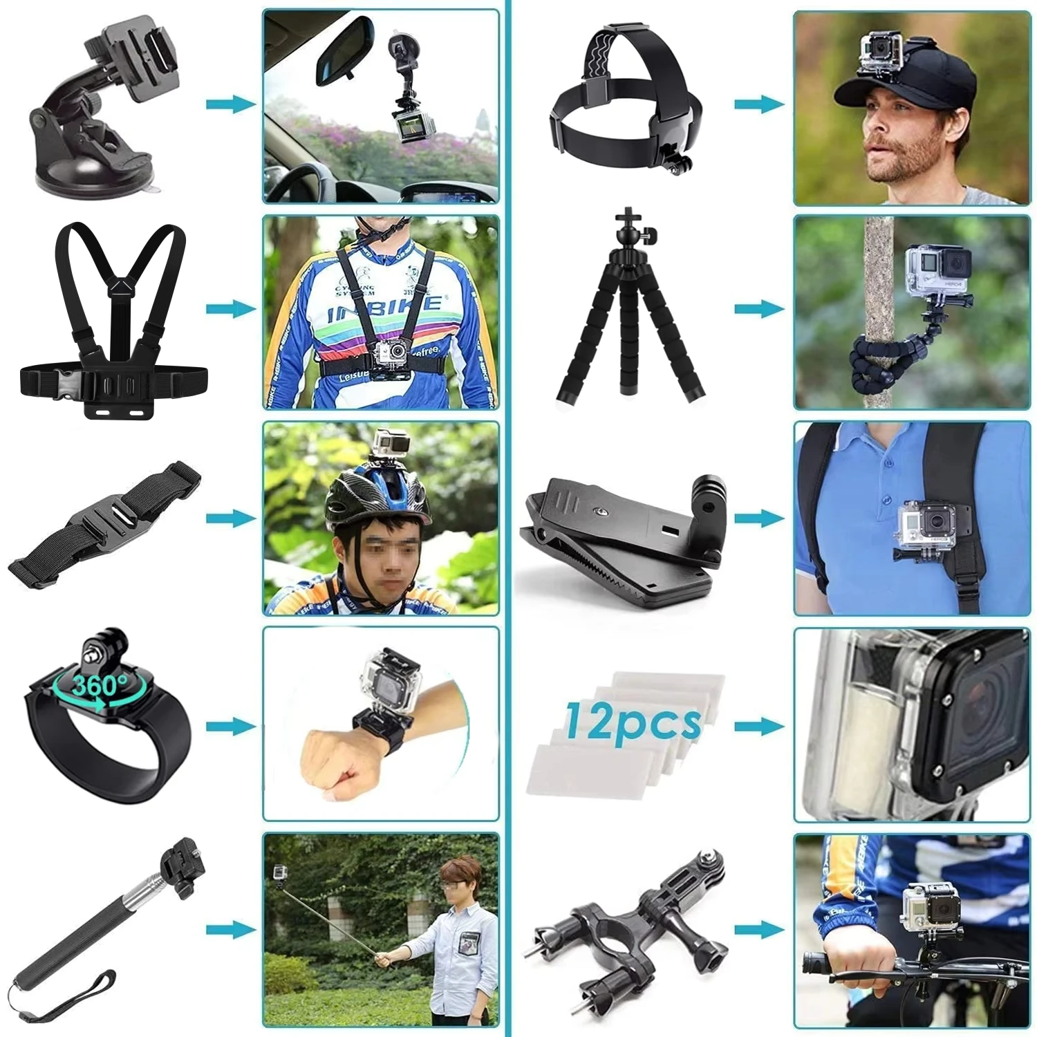 Action Camera Accessories Set For Dji Action6 Gopro Hero13 12 11 Insta360 X5 X4 Case Kit Strap Mount Selfie Stick Motorcycle