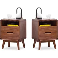 Solid Wood Nightstand Set of 2, Walnut Night Stand with 2 Drawers and Open Storage, Nightstand 1