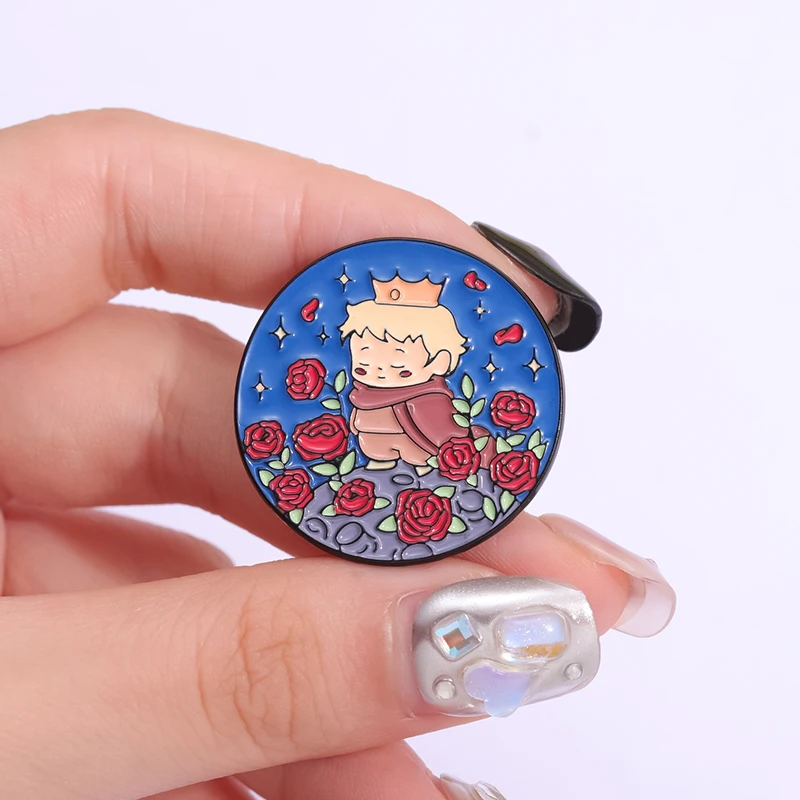 Prinz Fuchs Rose Emaille Pins Cartoon Märchen Broschen Rucksack Kleidung Revers Abzeichen Tier niedlichen Schmuck Geschenk für Kinder – Detail 2