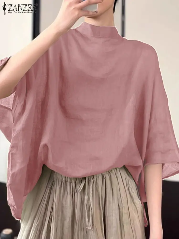 ZANZEA Damen-Bluse mit 3/4-Fledermausärmeln, übergroße, asymmetrische Oberteile, 2024, Sommer, Stehkragen, Tunika, lässig, locker, transparent, dünn