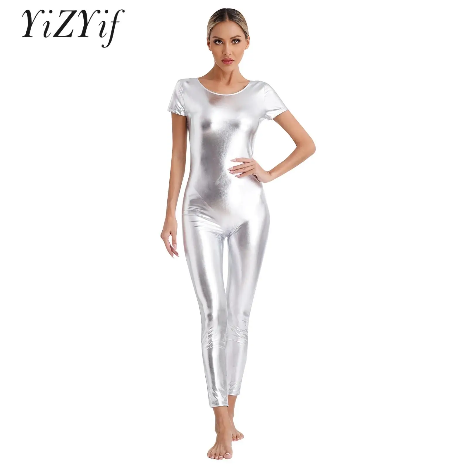 

Женский гимнастический комбинезон, блестящие комбинезоны с металлическим блеском и коротким рукавом, комбинезон, цельный комбинезон, Клубная одежда, праздничные костюмы