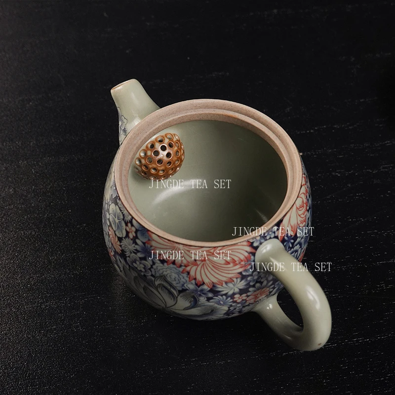 Pinched Golden Peony Teapot Sky Blue Ru Kiln Opened Han Tile Pot Household Chinese Ceramic Teapot Enamel Kung Fu Tea Set