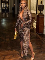 Weird Puss Leopard Print Women Dress Y2K Sexy Deep V-Neck Ruched Ribbon Skinny High Split Nightclub Party Fall Hipster Vestidos