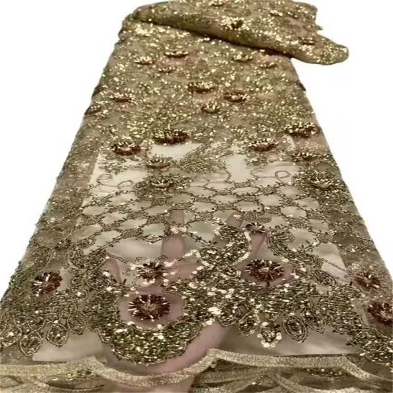 

Gold Best Quality Sequin Lace Fabric Applique Lace Fabric Nigeria Net Lace for Wedding Party African French Tulle Lace Fabric