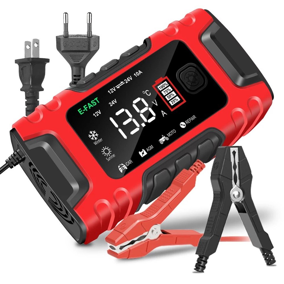 New Car Battery Charger 12V10A/24V5A   Smart Fast Charging AGM GEL Wet Lead Acid LCD Battery Charger Maintainer