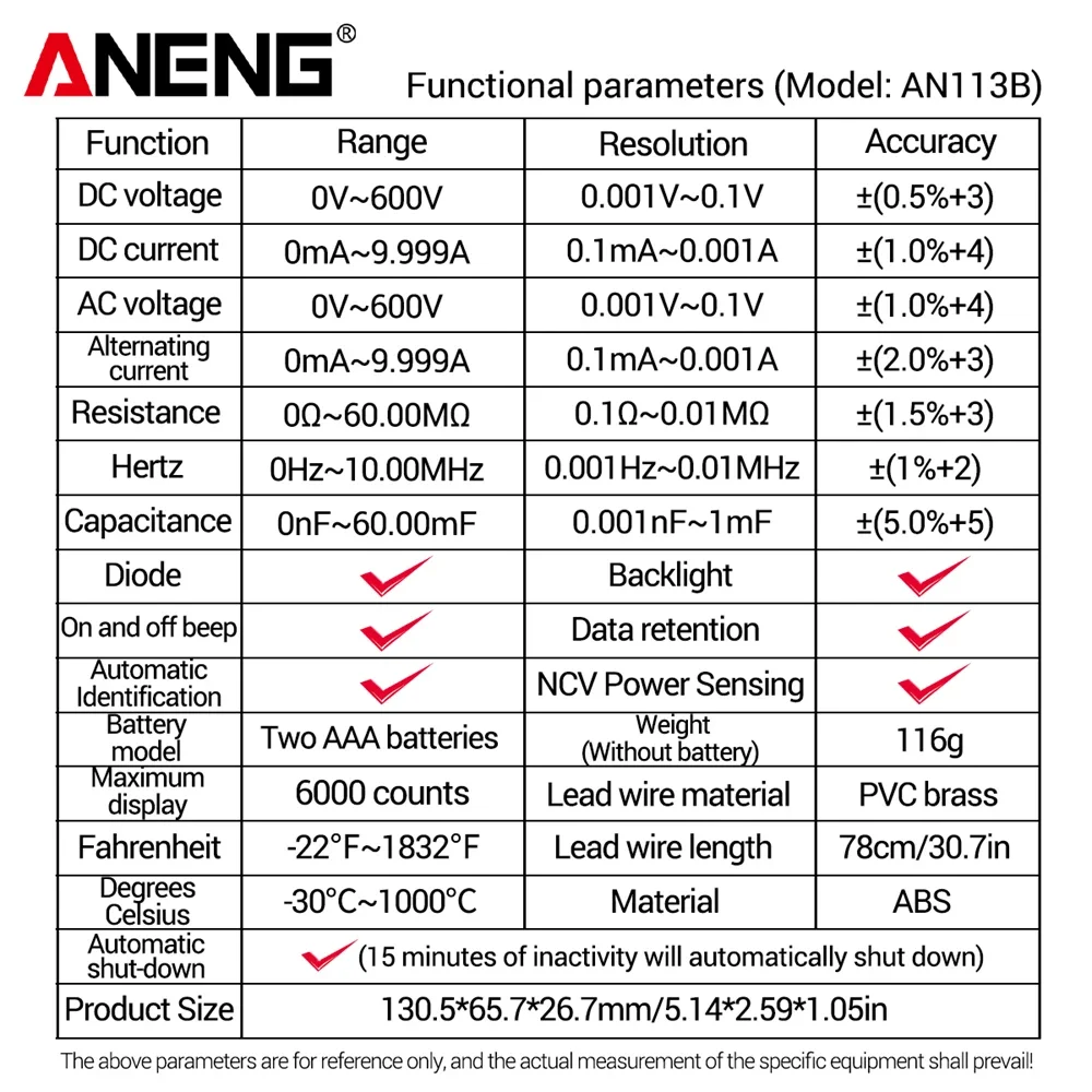 ANENG-AN113B  Ƽ  RMS, µ ׽ 6000 īƮ ڵ  AC/DC Ʈ  
